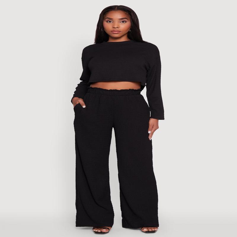 Textured Knit High Waisted Palazzo Pants