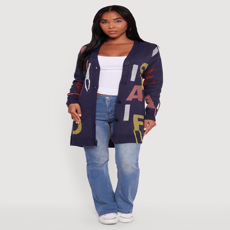 Button Front Alphabet Print Long Sleeve Cardigan