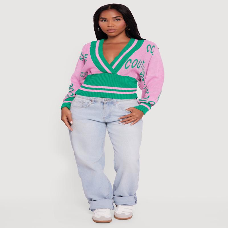 Couture Graphic Long Sleeve Plunge Neck Sweater