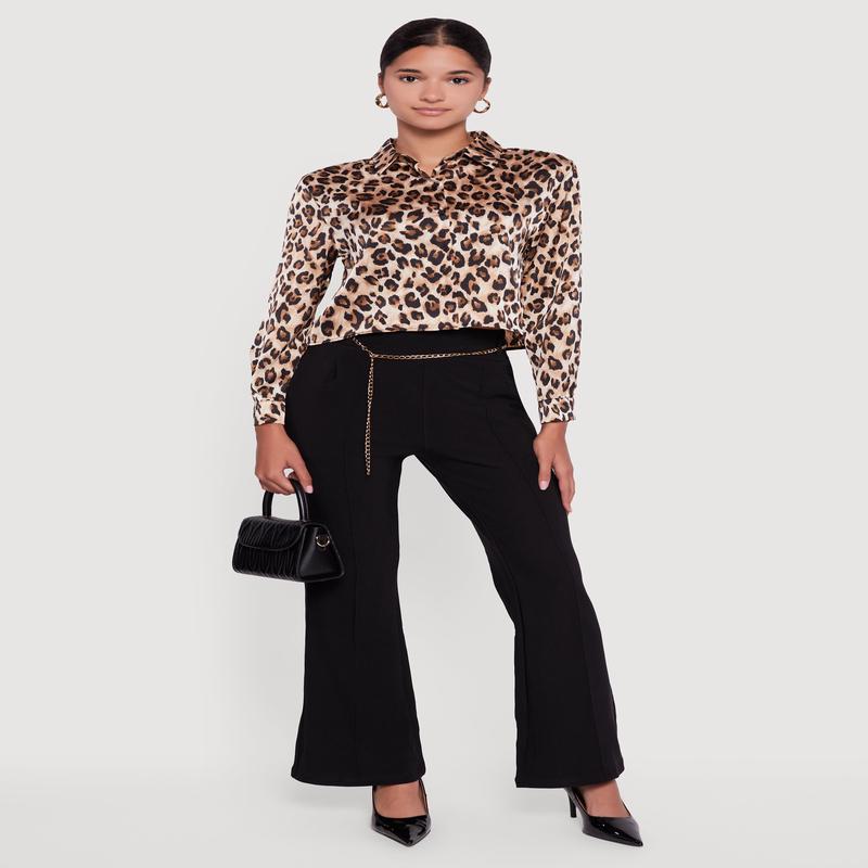 Leopard Print Satin Cropped Button Front Shirt