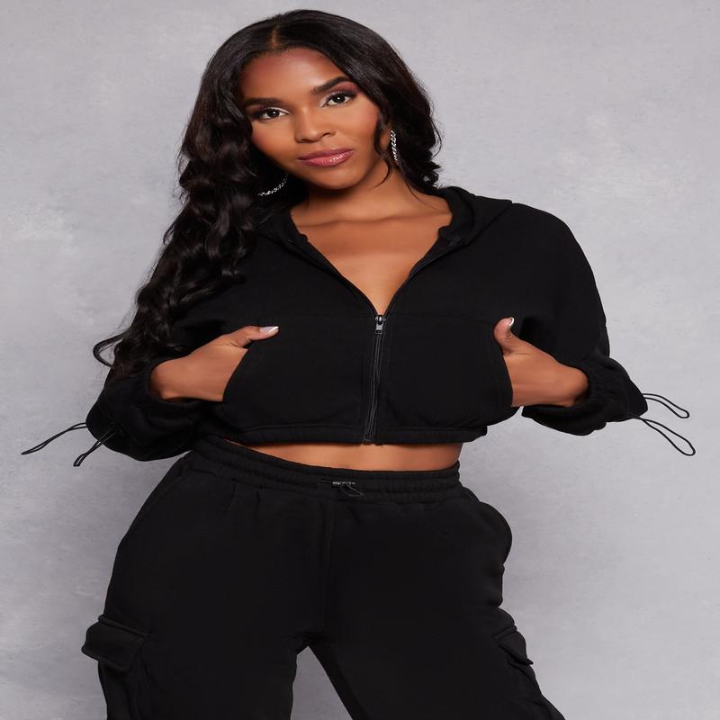 Toggle Drawstring Cropped Zip Front Hoodie