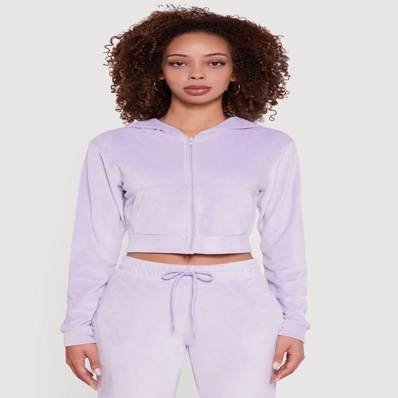 Velour Long Sleeve Cropped Zip Front Hoodie
