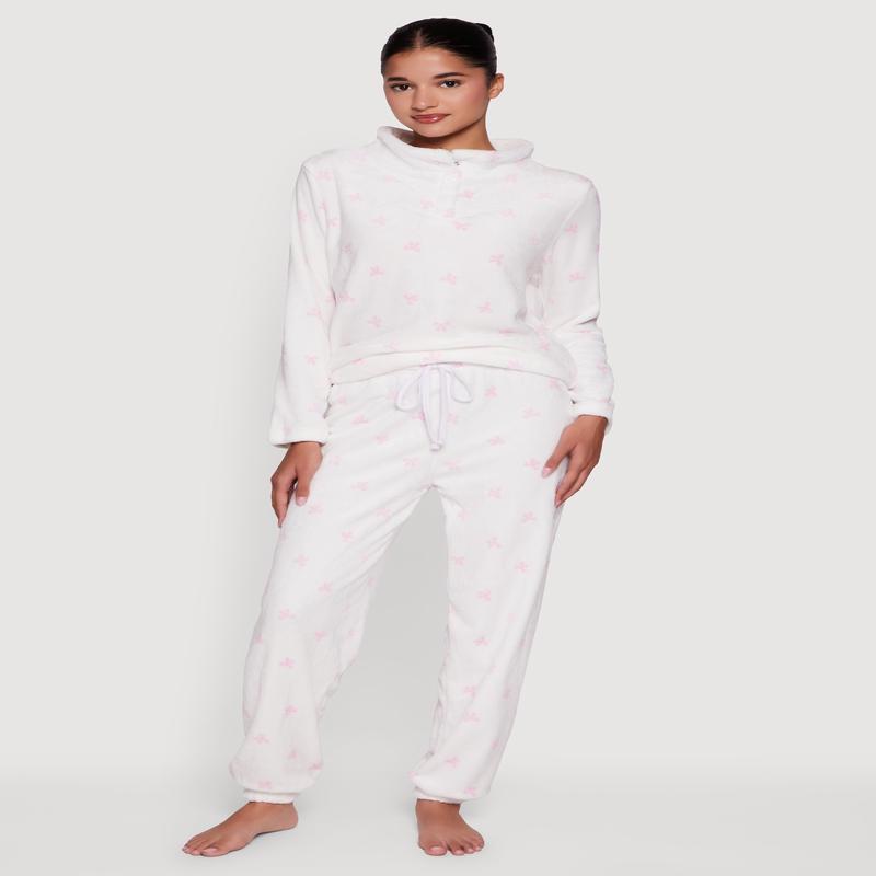 Bow Print Plush Funnel Neck Pajama Top and Pants