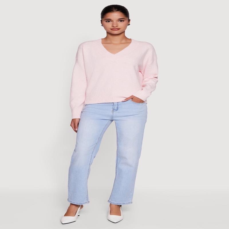 Brushed Knit Long Sleeve V-Neck Sweater