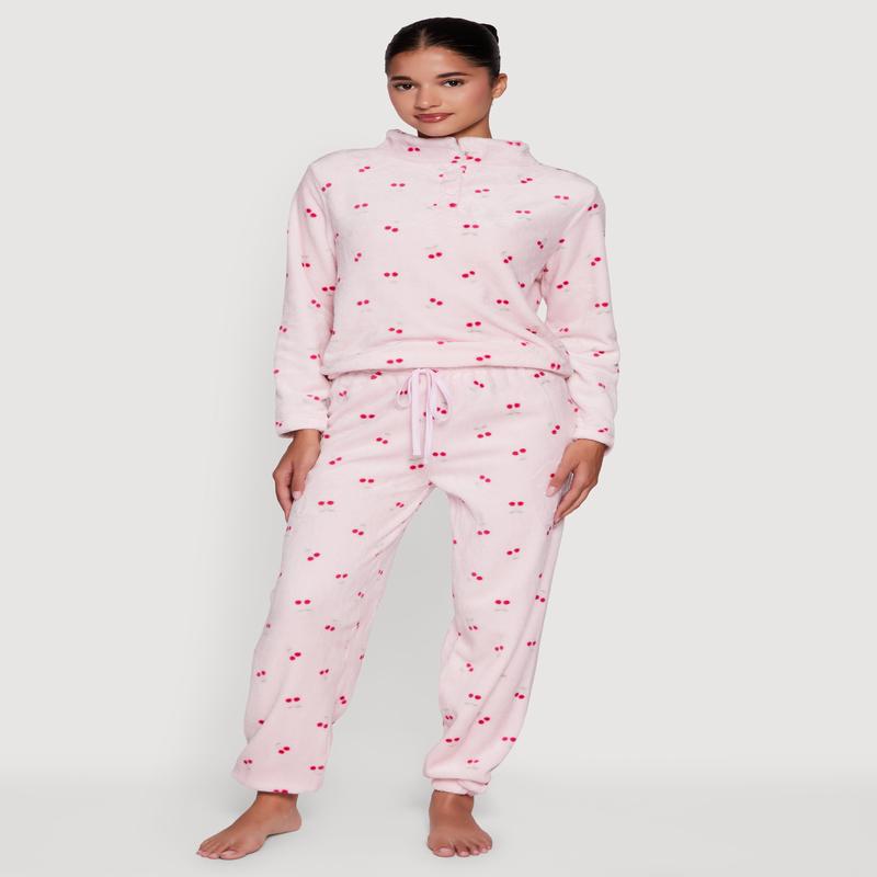 Cherry Print Plush Funnel Neck Pajama Top and Pants Set