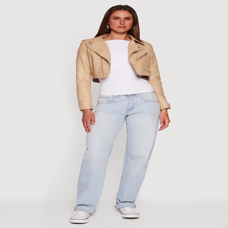 Faux Leather Long Sleeve Cropped Moto Jacket