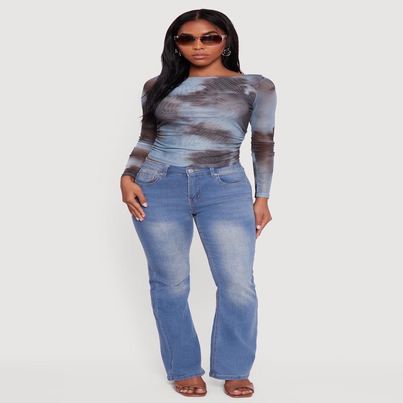 Long Sleeve Boat Neck Patterned Mesh Top