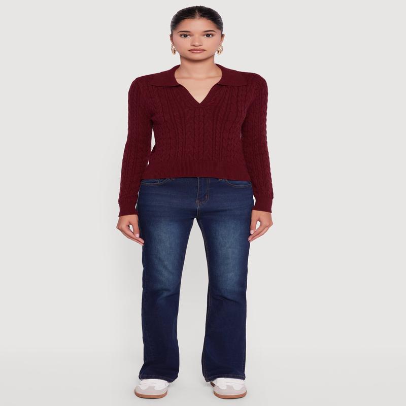 Long Sleeve Cable Knit Polo Sweater