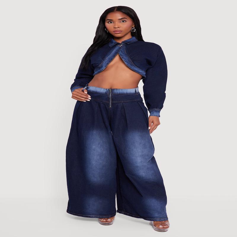 Pleated Detail Baggy Wide Leg Jeans