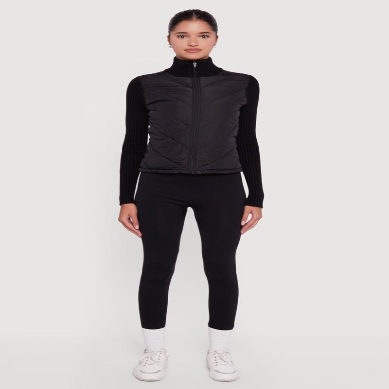 Quilted Puffer Jacket with Ribbed Knit Sleeves