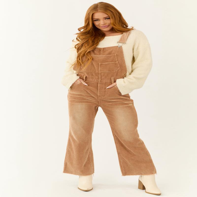 Brown Sugar Washed Wide Leg Corduroy Overalls