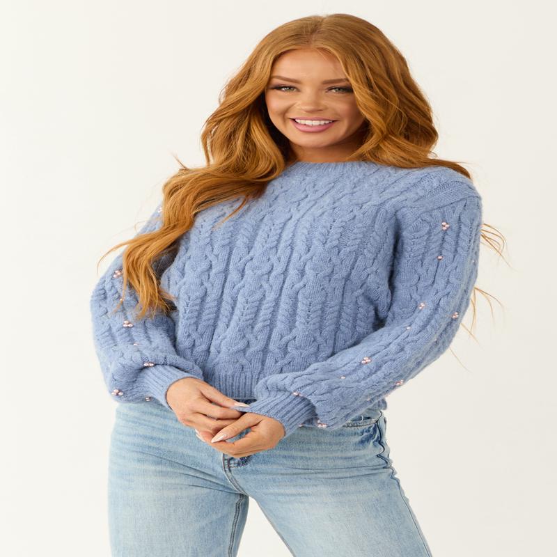 Dusty Blue Pearl Detailed Cable Knit Sweater