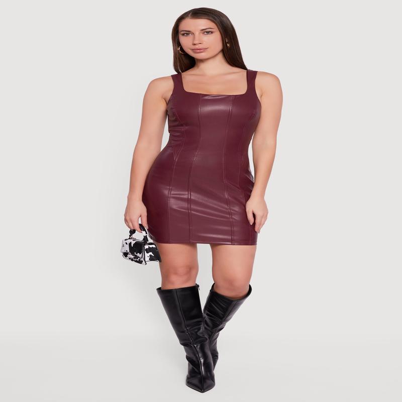 Faux Leather Square Neck Corset Tank Dress