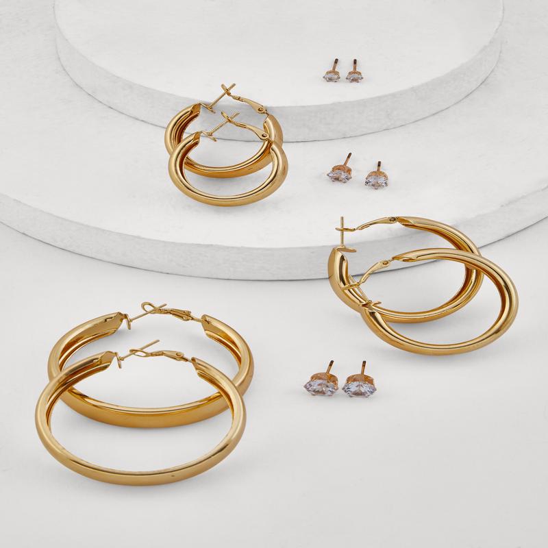 Metallic Hoop and Cubic Zirconia Stud Earrings Set of 6