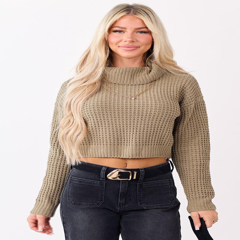 Olive Turtleneck Chenille Cropped Sweater