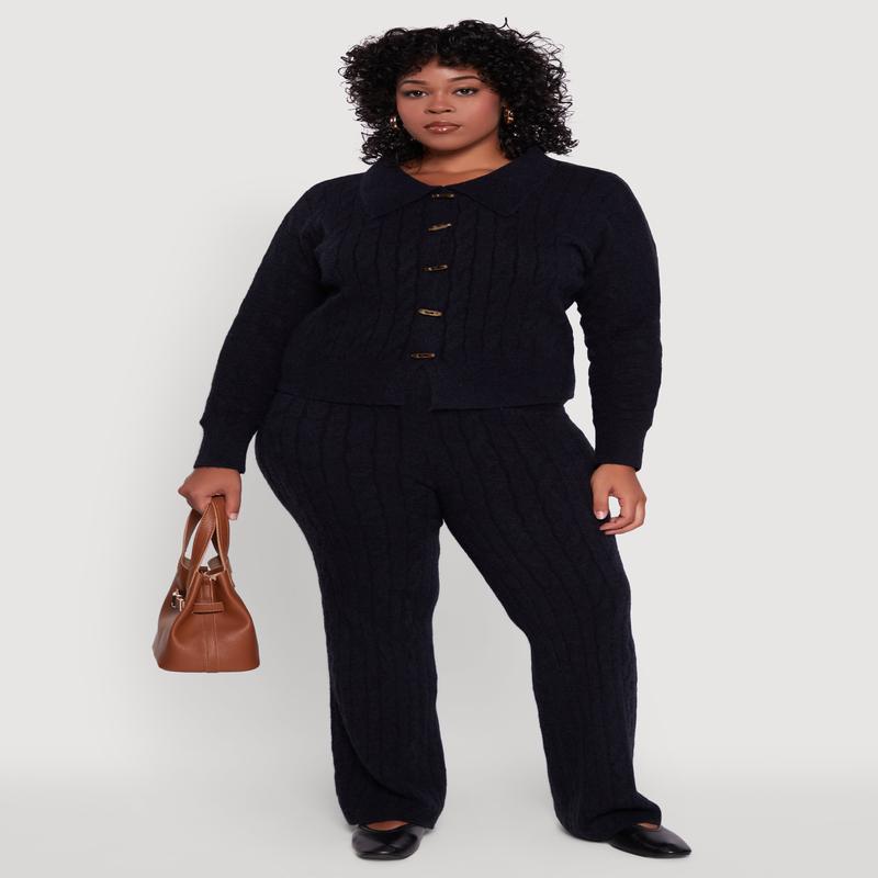Plus Size High Waisted Cable Knit Pants
