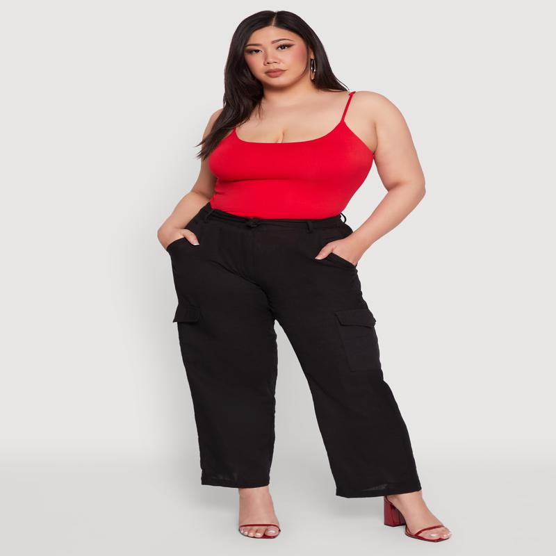 Plus Size Linen Tie Waist Belted Cargo Pants