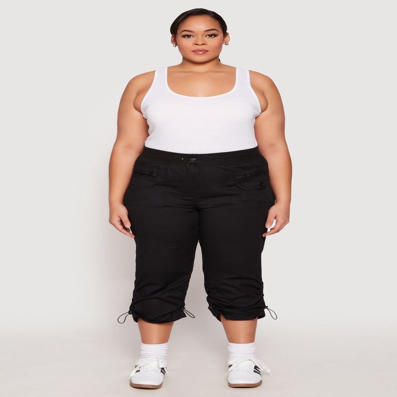 Plus Size Poplin Toggle Drawstring Capri Pants