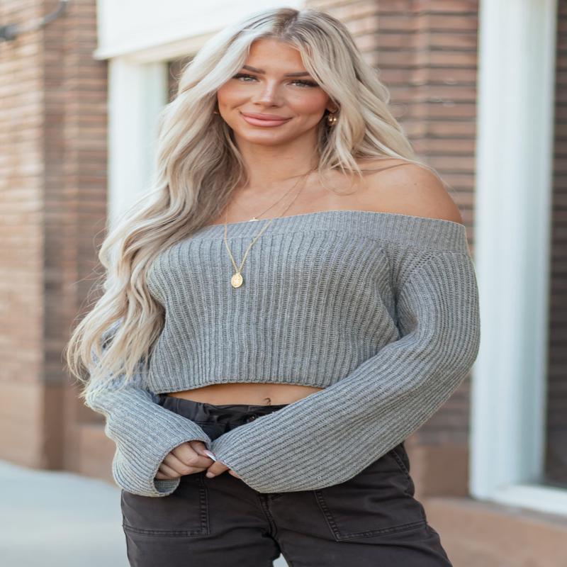 Steel Off the Shoulder Long Sleeve Crop Sweater