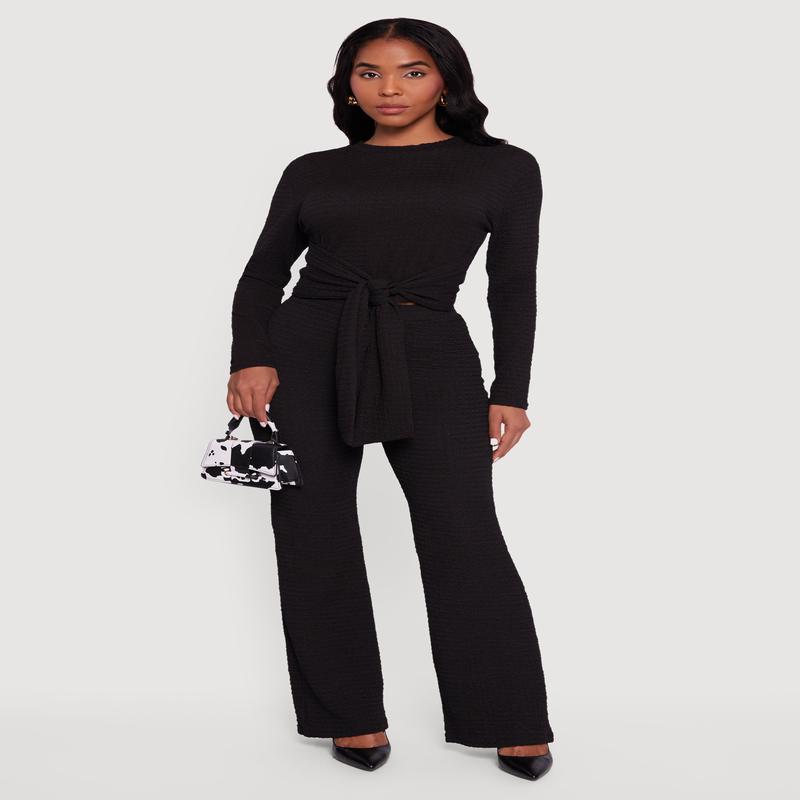 Textured Knit High Waisted Flare Leg Pants