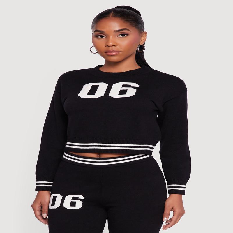 06 Graphic Varsity Stripe Long Sleeve Crew Neck Sweater