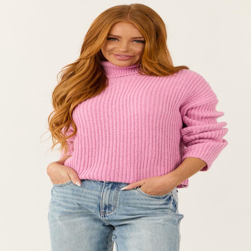 Baby Pink Long Sleeve Turtleneck Chunky Sweater