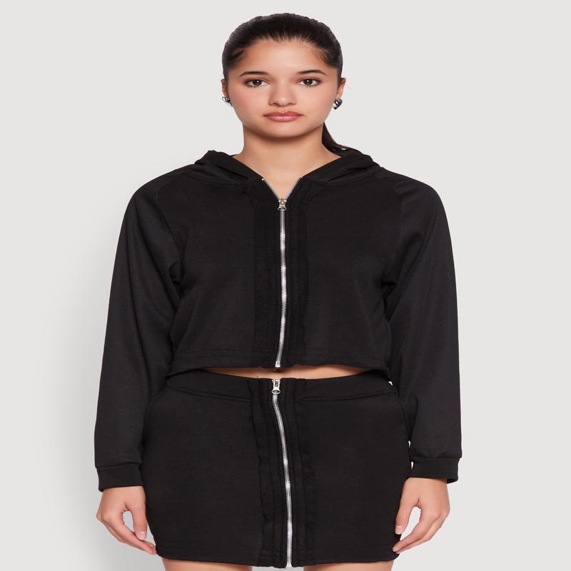 Fleece Lined Rib Knit Zip Front Sweatshirt