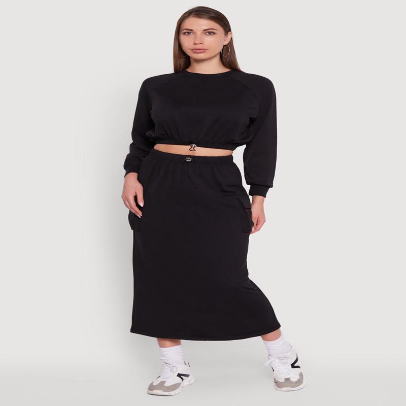 Fleece Toggle Drawstring Cargo Pocket Midi Skirt