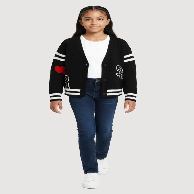 Girls Cable Knit Varsity Stripe Patch Graphic Cardigan