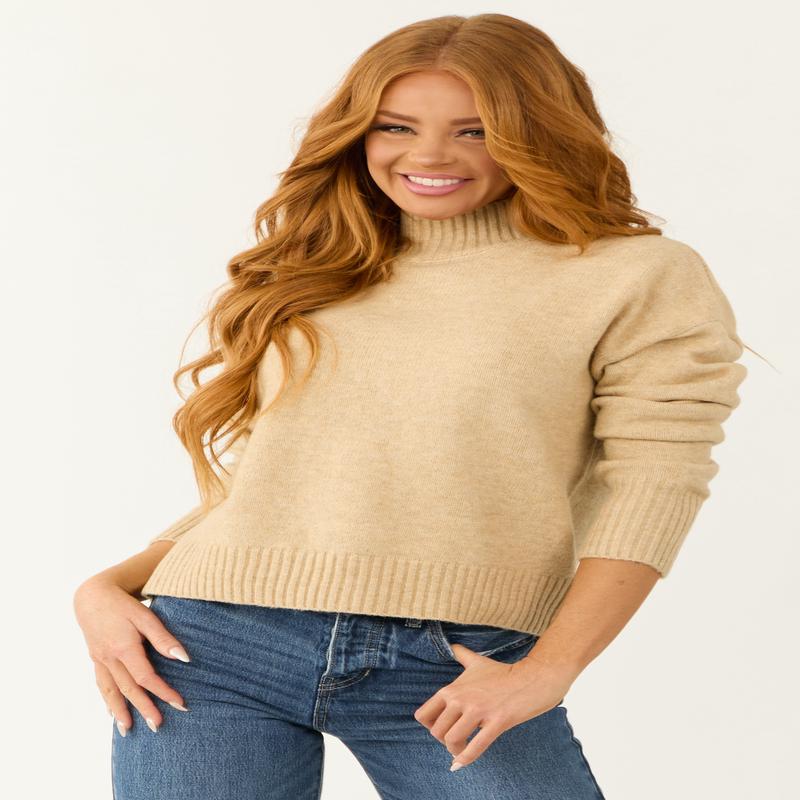 Nude Long Sleeve Mock Neck Soft Sweater