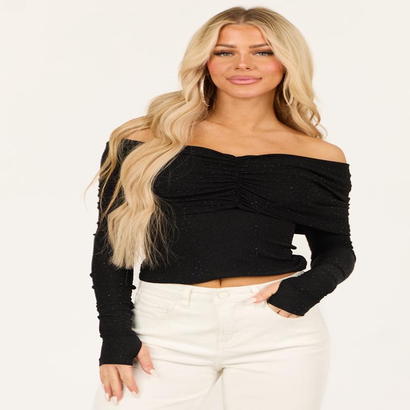 Black Studded Metallic Off Shoulder Top