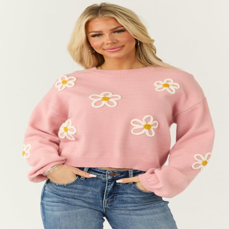 Carnation Floral Embroidered Puff Sleeve Sweater