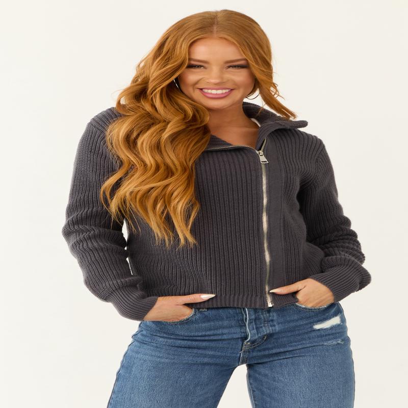 Charcoal Asymmetrical Collar Zip Up Jacket