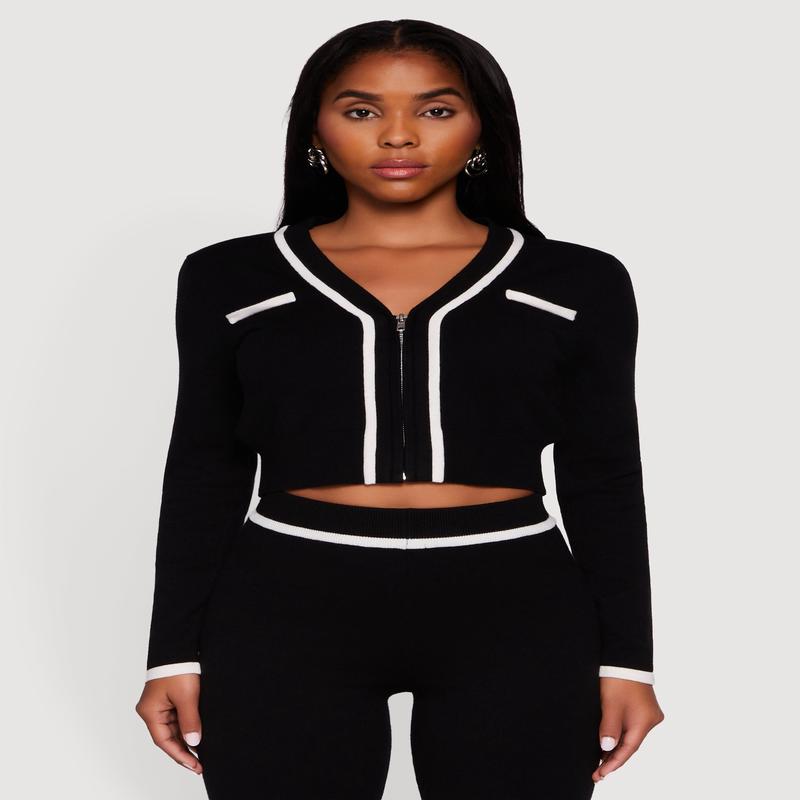 Contrast Trim V Neck Zip Front Cropped Sweater