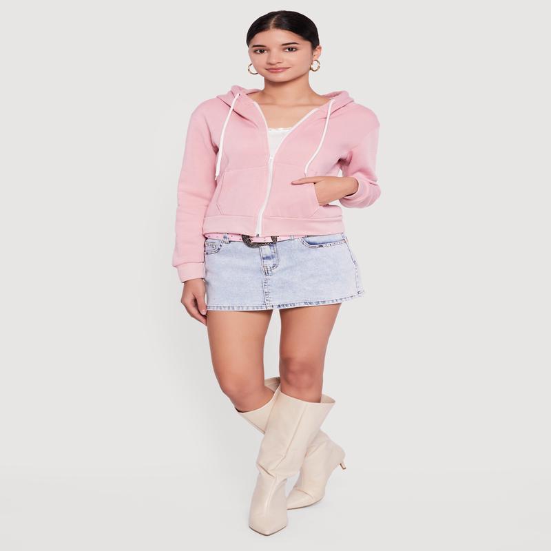 Contrast Zip Front Drawstring Hoodie