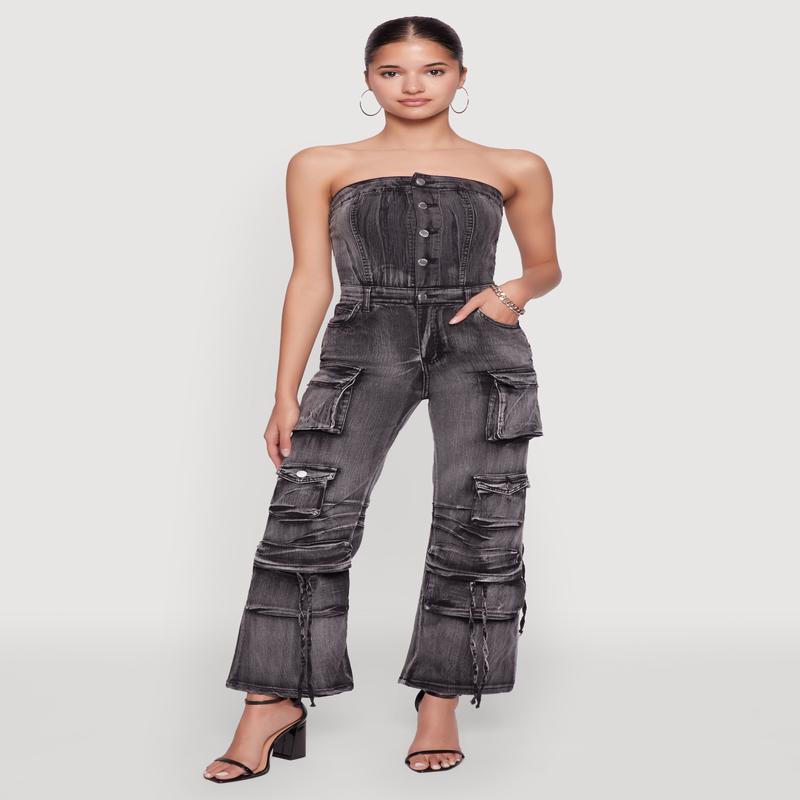 Daisy Denim Strapless Flare Jumpsuit with Cargo Pockets