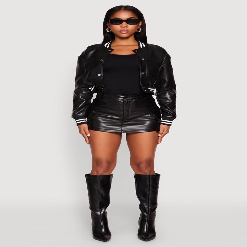 Daisy Faux Leather Cropped Bomber Jacket