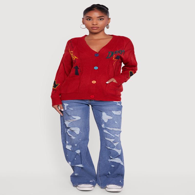 Embroidered Patchwork Graphic Button Front Cardigan
