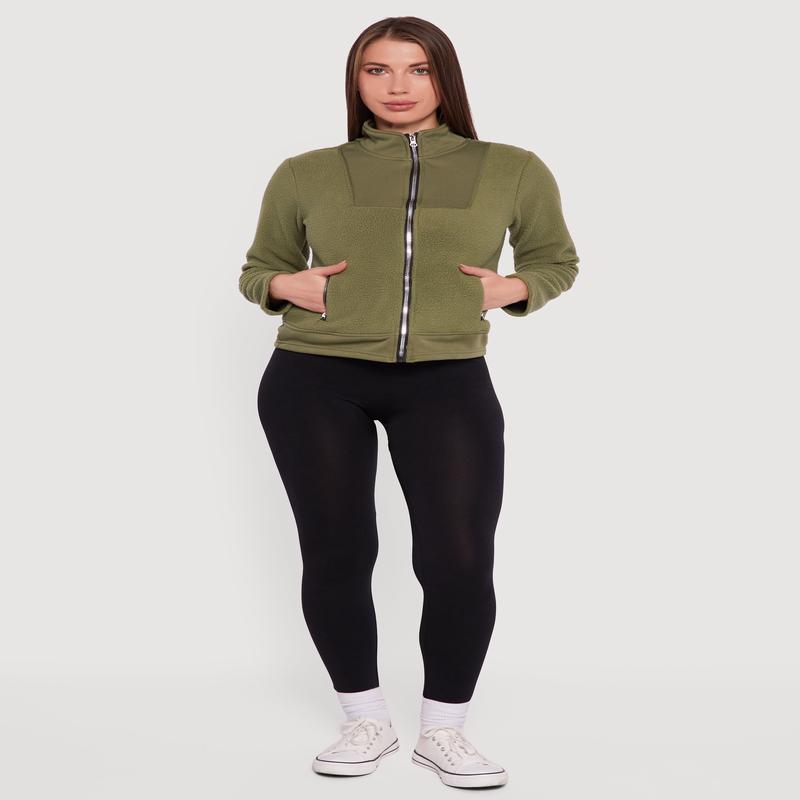 Faux Pocket Zip Front Mock Neck Fleece Jacket