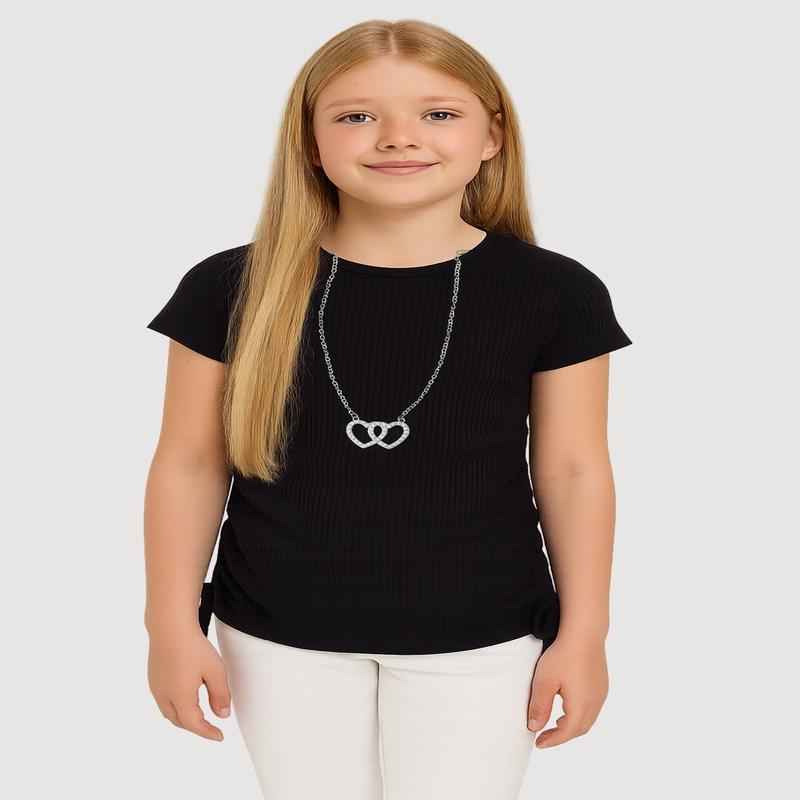 Girls Ribbed Knit Tee with Double Heart Rhinestone Necklace