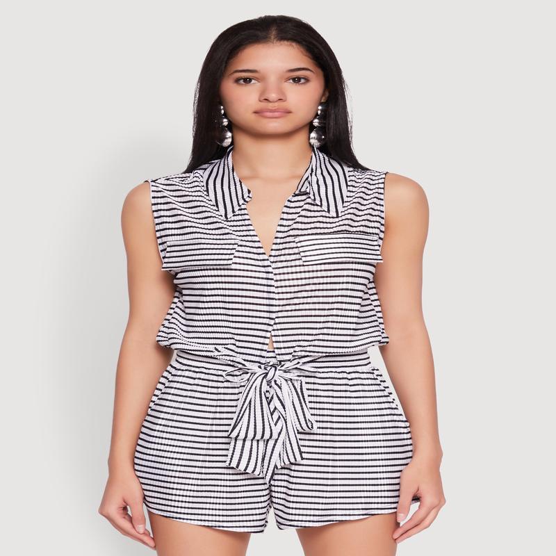 Plisse Printed Pattern Tie Front Shirt