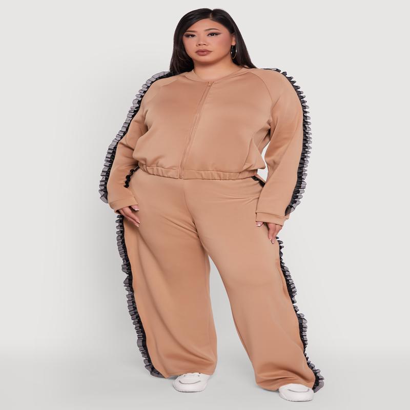 Plus Size Organza Ruffle Trim Wide Leg Pants