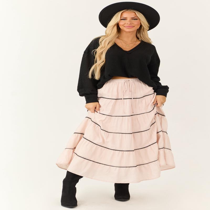 Tea Rose Contrast Tie Waist Tiered Maxi Skirt