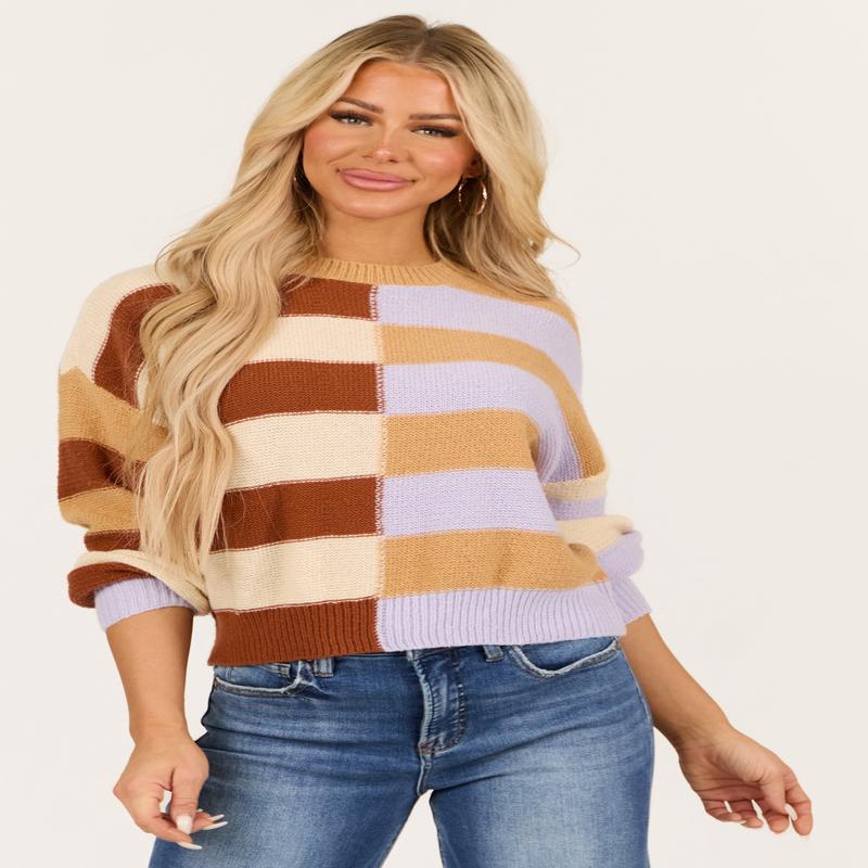 Beige Colorful Stripe Long Sleeve Sweater