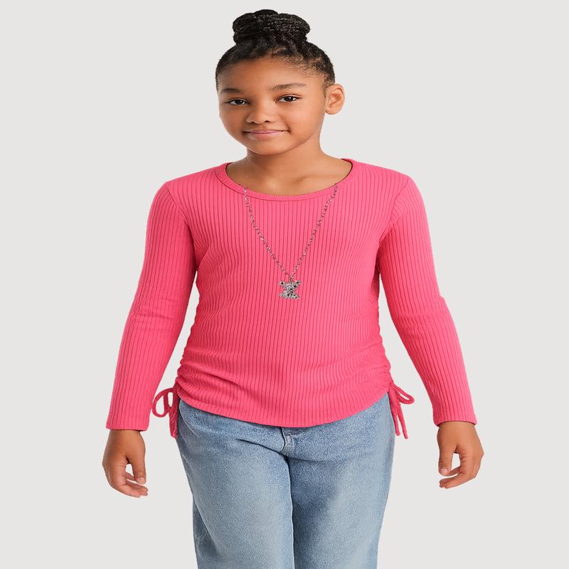 Girls Shadow Stripe Top with Rhinestone Teddy Necklace