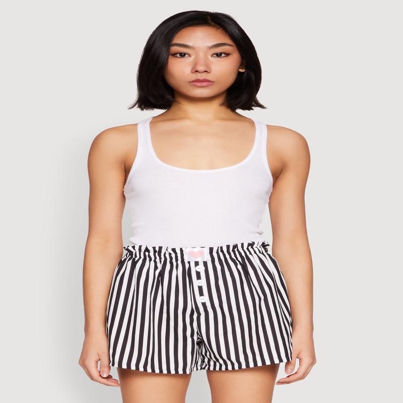 Heart Detail Striped Pajama Shorts