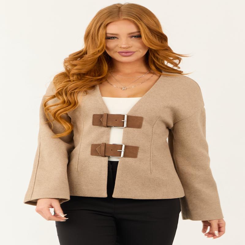 Oatmeal Mohair Double Belted Long Sleeve Jacket