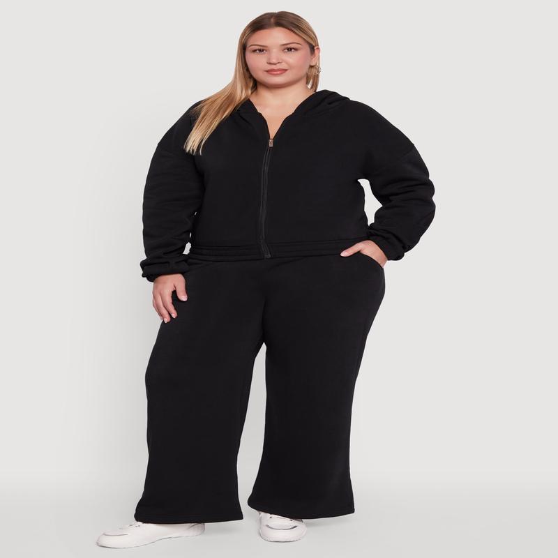 Plus Size Fleece High Waisted Wide Leg Sweatpants