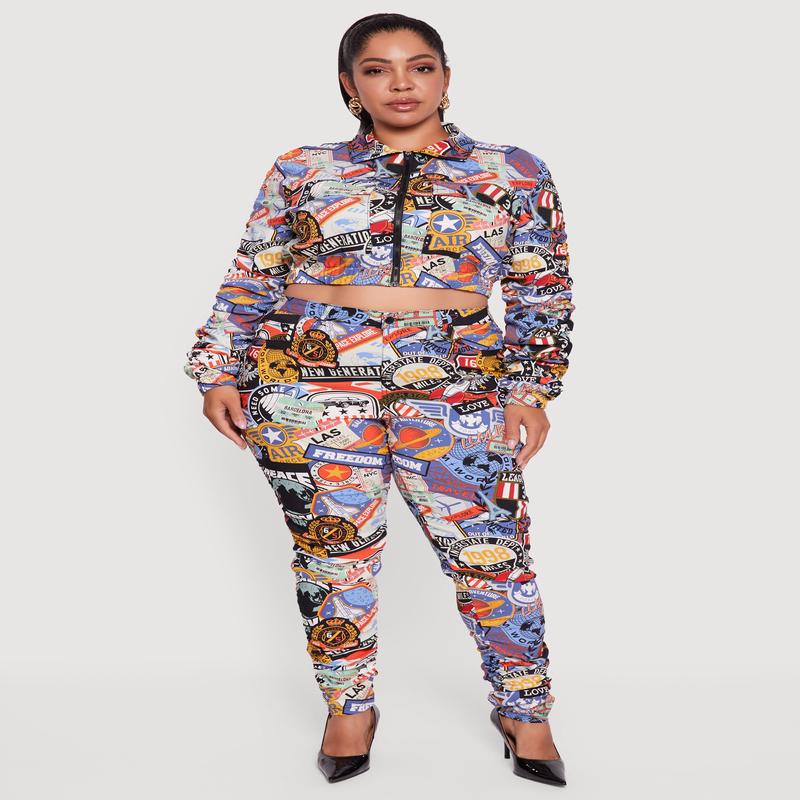 Plus Size High Waisted Side Ruched Patterned Pants