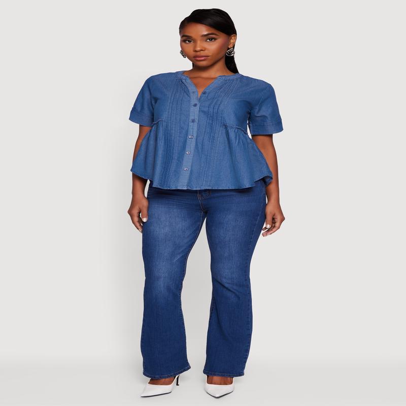 Chambray Notch Neck Button Front Shirt